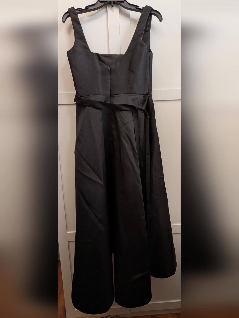 Dessy Square Neck Satin Midi Dress with Full Skirt Flower Sash Black Size 2 - Picture 4 of 9
